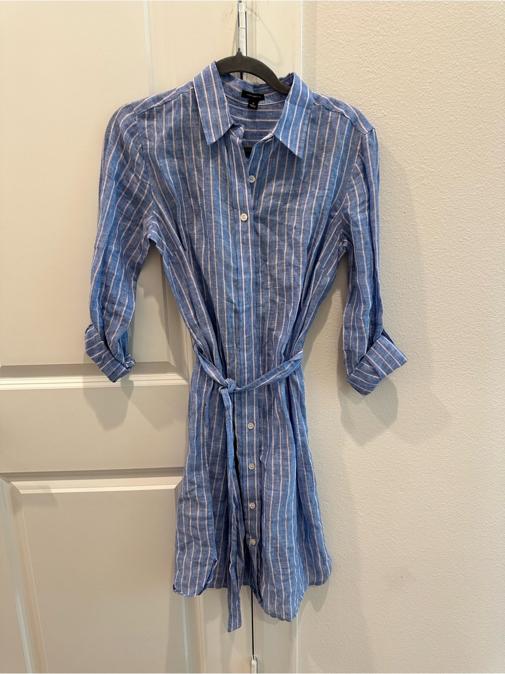 Ann Taylor Blue and White Striped Linen Shirt Dress